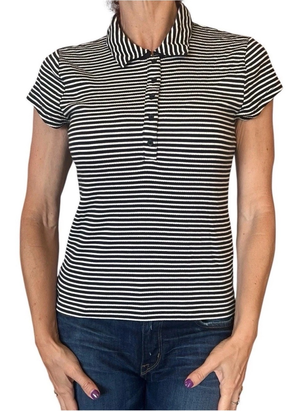 NWT J Crew short-sleeve fitted ribbed henley polo, navy & white stripe, Size XXL